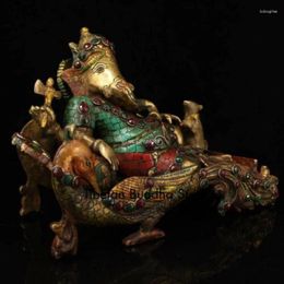 Decorative Figurines 10'' Tibetan Bronze Copper Inlay Turquoise Gem Buddhism Elaphant Ganesh Statue