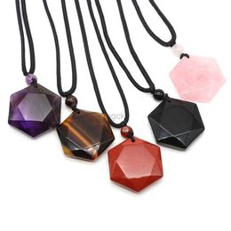 Pendant Necklaces Natural Stone David Hexagram Star Rope Chain Necklace Healing Crystal Rose Quartz Black Obsidian Lucky Amulet Pendant Jewellery 240330