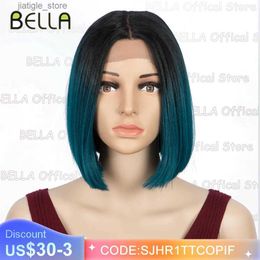 Synthetic Wigs BELLA Synthetic Lace Wigs Straight Short Bob Ombre Blue Lace Wig Middle Part Scalp Lace Hairline Wigs For Black Women Cosplay Y240401