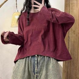 Women's T Shirts 24Women Cotton T-Shirts Spring Retro Solid Color Vintage Fold Loose Asymmetrical Full-Sleeve Female Tide Sweatshirts