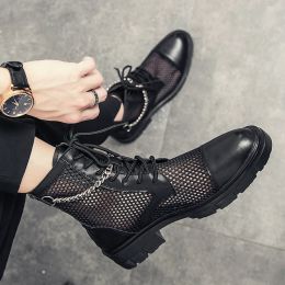 Boots Men's Motorcycle Boots Black Mesh LaceUp 2022 New Punk Chain Gothic Women's Ankle Boots Platform Shoes Women Summer Boots Male