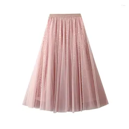 Skirts Casual Long Pleated Skirt Summer Women High Waist Maxi Tulle Female Chic Sequined Lady Solid Colour Mesh