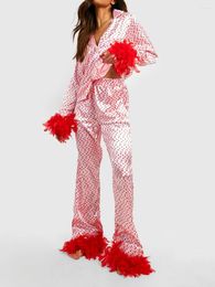 Home Clothing 2024 Fashion Women's Satin Silk Pjs Loungewear Set Heart Print Feather Cuff Long Sleeve Tops With Pants Sleepwear