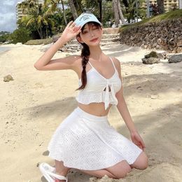 Women's Swimwear Sexy Bikinis 2024 Women Korean White Swimsuits Padded Solid Bath Suits For Asian Beach Outfits With Skirt