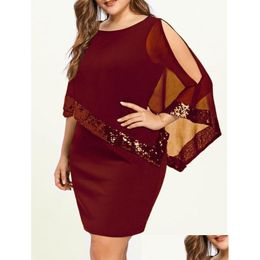 Plus Size Dresses Elegant Geometric Print Christmas Party Autumn Chic Fashion Layered Bell Sleeve Midi Red 2022 Women Drop Delivery Ap Dhz28