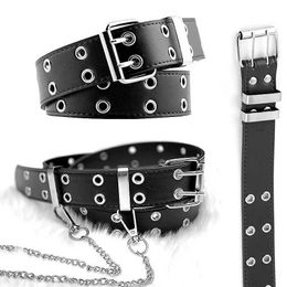 Belts Punk PU leather belt new hip-hop fashion pin buckle black adjustable belt with chain suitable for women girls and womens jeans Q240401