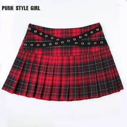 Skirts Eyelet Vintage Plaid Print Mini Pleated Women's Skirt Red Low Waist Gothic Harajuku Y2k 2000s 2024