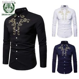 Men's Plus Tees Polos Mens Gold Embroidery Shirt Long Sleeve Chemise Homme New Solid Colour White Dress Shirts Slim Fit Business Wedding Camisa yq240401