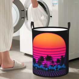 Laundry Bags 80s Vaporwave Palm Trees Sunset Circular Hamper Storage Basket Sturdy And Durable Living Rooms Of Clothes