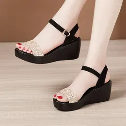 Dress Shoes Summer Thick Bottom High Heel Women Size 33-43 Black Roman Wedges Platform Women's Sandals Beach Open Toe