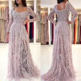 Crystal Prom Stunning Beading Dress Line Long Sleeves Illusion Evening Elegant Split Dress Special OCNS 바닥 길이 Robe de Soiree ES