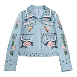 Ladies Casual Blazer Floral Printed Studded Rivets Quilted Faux Leather Biker Jacket with Embroidered for Women