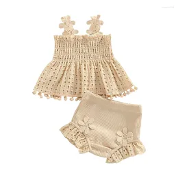 Clothing Sets Toddler Baby Girls Summer Outfit Solid Colour Cutout Pleated Tank Tops And Stretch Casual Ruffle Shorts Children's Set