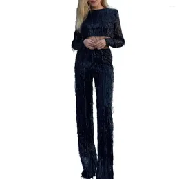 Women's Two Piece Pants Tassel Sequin Party Outfit Set For Women O-neck Crop Tops Wide Leg Fashion Street Suit