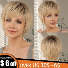 Wigs 100% Remy Human Hair Ombre Blonde Lace Front Wigs with Bangs Pixie Cut Hairs Short Straight Layered Wigs for Women Bob Human Wig