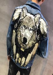 New 2019 Punk Style Novel Wolf Embroidered Rivet Jeans Jacket Men Denim Jackets Streetwear Slim Jeans Jacket2356814