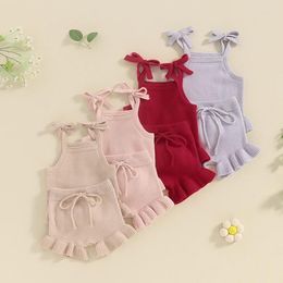 Clothing Sets 2024-01-15 Lioraitiin Born Baby Girl Outfits Knit Solid Colour Sleeveless Cami Tops With Elastic Waist Shorts 2Pcs Clothes Set