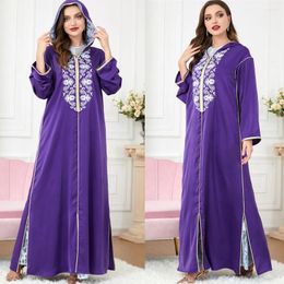 Ethnic Clothing Elegant Embroidery Hooded Maxi Dress For Women Muslim Sets Purple Long Sleeve Loose Casual Patchwork Islamic Arabic Robe