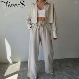 Women's Two Piece Pants Single Breasted Women Outfits Loose Fit Ladies Blouse Top Straight Leg Solid Colour Turn Down Collar Daily Outfit