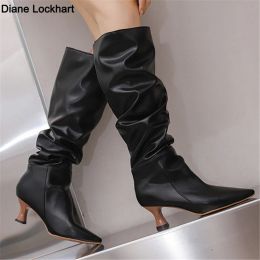 Boots Retro Pleats Thigh High Boots for Women 2023 Autumn Thick Heeled Pointed Toe Cowboy Boots Woman Slip On Western Long Botas Mujer