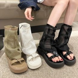 Sandals Platform Designer Women Sandals 2023 Summer Side Zipper Knee High Boots Black Fashion Gothic Mesh Ladies Shoes Female FlipFlops