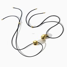 Pendant Necklaces Perisbox Youthway Smooth Gold Plated Ball and Droplet Necklace for Lady Chunky Stainless Steel Black Leather Collier Adjustable 240330