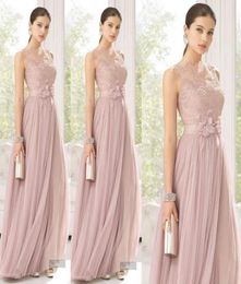 2016 Cheap Bridesmaid Dresses Blush Pink ALine Tulle Lace Long Maid Of Honour Dresses Floor Length Sheer Bridesmaid Gowns Girls56541408227