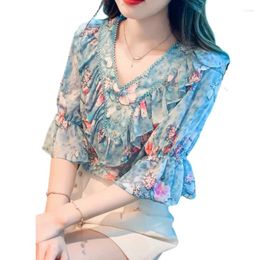 Women's Blouses Floral Chiffon For Women Summer Half Sleeve 2024 French Style V-neck Shirt Loose Belly-Covering Blusas Tops