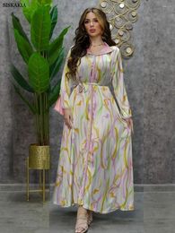 Ethnic Clothing Women Abaya Muslim Fashion Printing Luxury Diamonds Belted Dress Turn-down Collar Long Dresses Ramadan Jalabiyat 2024