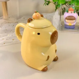 Mugs Capybara Mug Cute Ceramic Coffee Cartoon Kawaii Aesthetic With Handle And Lid Funny Animal Cup