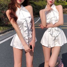 Luoman White Sleeveless Hanging Neck Top For Women's Summer Design, Pure Desire Tank Top, Slim Fit, Sexy Lotus Collar Shirt
