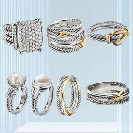 Senior Designer Retro DY925 Sterling Silver David Luxury Diamond Ring with Two tone Cross Pearl Women's Ring Jewellery Birthday Gift