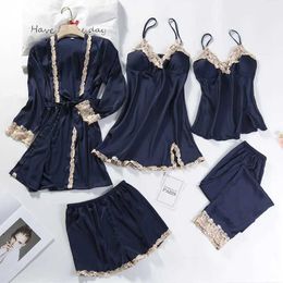 Sexy Pyjamas 5 Pieces Pajamas Set Women Kimono Gown Satin Silk Sleepwear Casual Nightwear Intimate Lingerie With Lace Sexy Bathrobe Pyjamas 240330