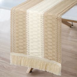 OurWarm Macrame Table Runner Farmhouse Style Natural Cotton Splicing Boho with Tassels for Wedding Home Decor 240325