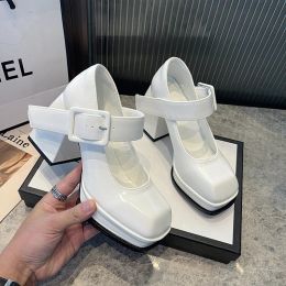 Pumps Shoes for Women 2023 New Mary Jane High Heels Women's Korean Thick Square Head Retro White High Heels Wedding Shoes Bride