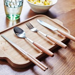 Flatware Sets 4pcs/Set Creative Tableware Set Wooden Hand Stainless Steel Western Dinnerware Easy Carry Chopsticks Fork Spoon Knife