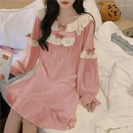 Womens Sleepwear Dress Home Bow Ruffle Style Autumn Piece Korean Solid Nightgown One Wear Lace Pyjamas Long Night Sleeve