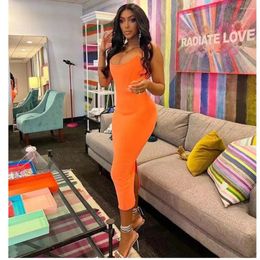 Party Dresses Korean Style One Piece Bandage Dress For Women Orange Sleeveless Square Collar Knee Length Elastic Celebrity Evening Gowns