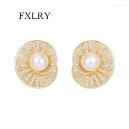 Stud Earrings FXLRY S925 Silver Needle Zircon Pearl Design Sense Shell For Women Wedding Bride Jewellery