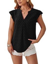 Women Casual Shirts Print Flowy Tops V Neck Ruffle Short Sleeve Swiss Dot Tops Loose Blouses