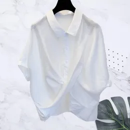 Women's Blouses Women Loose Shirt Stylish Cross Irregular Design Lapel Trendy Batwing Sleeves Single Breasted Casual For Summer