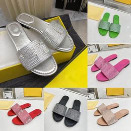 Summer Mules Women Shoes Designer Slides Slippers Room Flat Mule Silver Leather Slides Designer Sandals Wide Band Slides Slipper Silver Rhinestone Embroidery