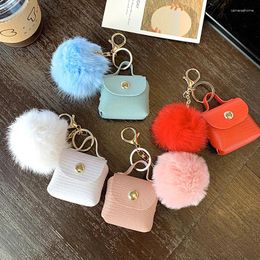 Keychains Creative PU Leather Mini Bag Plush Pompom Coin Purse Pouch Cute Wallet Women Storage Small Earphone Box Keyrings