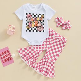 Clothing Sets Cute Lovely Baby Girl 3PCS Outfits Summer Toddler Short Sleeve Romper Tops Checkerboard Flared Pants Headband
