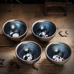 Cups Saucers 2 Pieces Jianzhan Teacup Jianyang Tianmu Glaze Inlaid With Silver Oil Dripping Tea Bowl Kungfu Product Ming Cup Kiln Ceramic