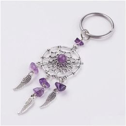 Key Rings Crystal Chips Dream Catchers Metal Tassel Wings Healing Keychain Keyring Pink Quartz Amethyst Green Aventurine Drop Delivery Ot87V