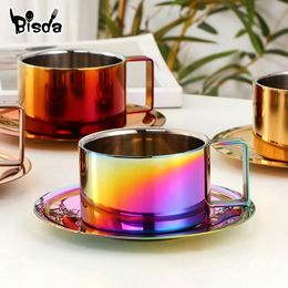 Stainless Steel Coffee Mug Tea Cups With Saucer Double Wall Cafe Cup Spoon Simple Set for Home Kitchen Party 240328