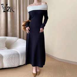 Casual Dresses Y2K Clothes Korean Autumn Spring French Slash Neck Long Sleeve Slim Midi For Women Basic Elegant Party Dress Female