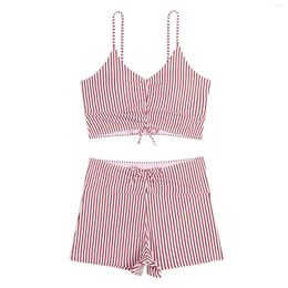 Women's Swimwear Ladies Summer Casual Two Piece Retro Floral Print High Waist Boxer Swimming Trunks Suspenders Drawstring Lace Up Tie Bikini