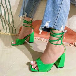 Dress Shoes Summer Green Ankle Cross Strap Sandals Women Patent Leather Square High Heels Fashion Open Toe Party Dress Shoes Size 42 H2404019XDD